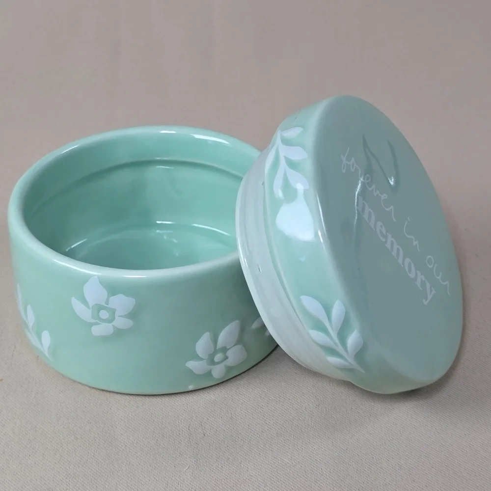 Sandra Magsamen Forever In Our Memory Keepsake Jar Memorial Pet Urn Floral Mint